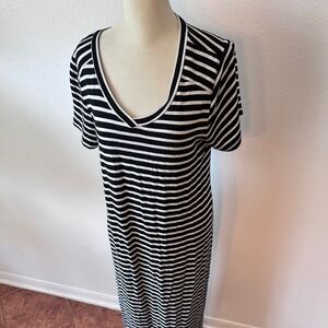 Striped Short Sleeve Preppy Minimalist Maxi Dress Women M Black White